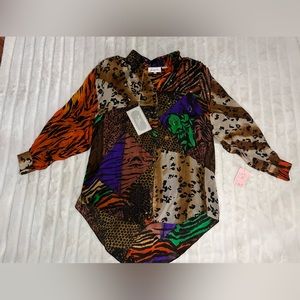 Judith Ann vintage NWT animal print button down hi lo semi sheer Silk blouse, M